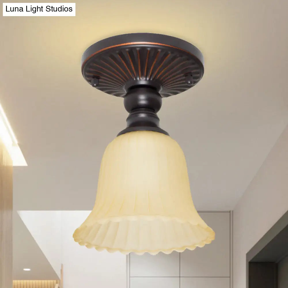 Traditional Ribbed Frosted Glass Semi Flush Mount With Flared Design - 1 Light Black Flushmount