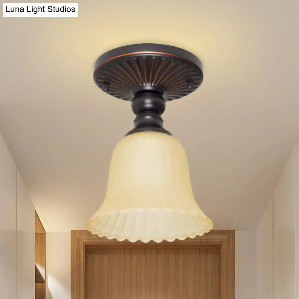 Traditional Ribbed Frosted Glass Semi Flush Mount With Flared Design - 1 Light Black Flushmount