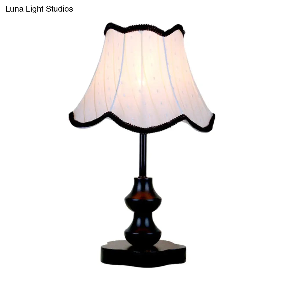 Traditional Flared Night Lamp With Fabric Shade And Scalloped Trim - Black