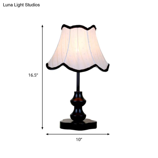 Traditional Flared Night Lamp With Fabric Shade And Scalloped Trim - Black