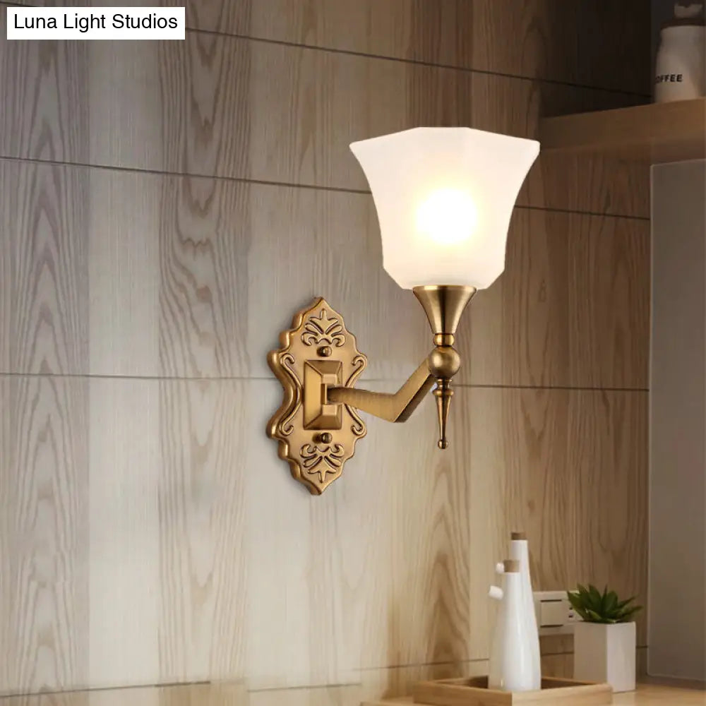 Traditional Flared Wall Sconce Light In Gold With Frosted Glass Shade For Bathroom