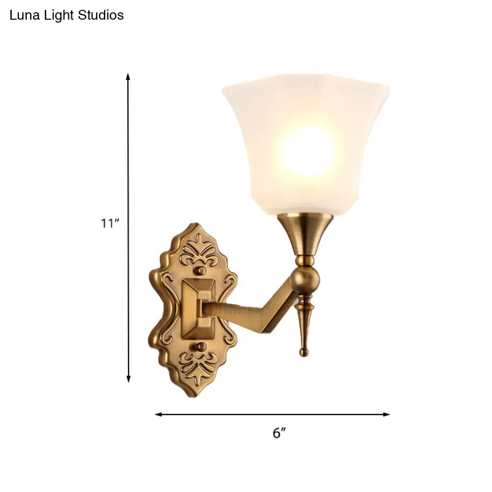 Traditional Flared Wall Sconce Light In Gold With Frosted Glass Shade For Bathroom