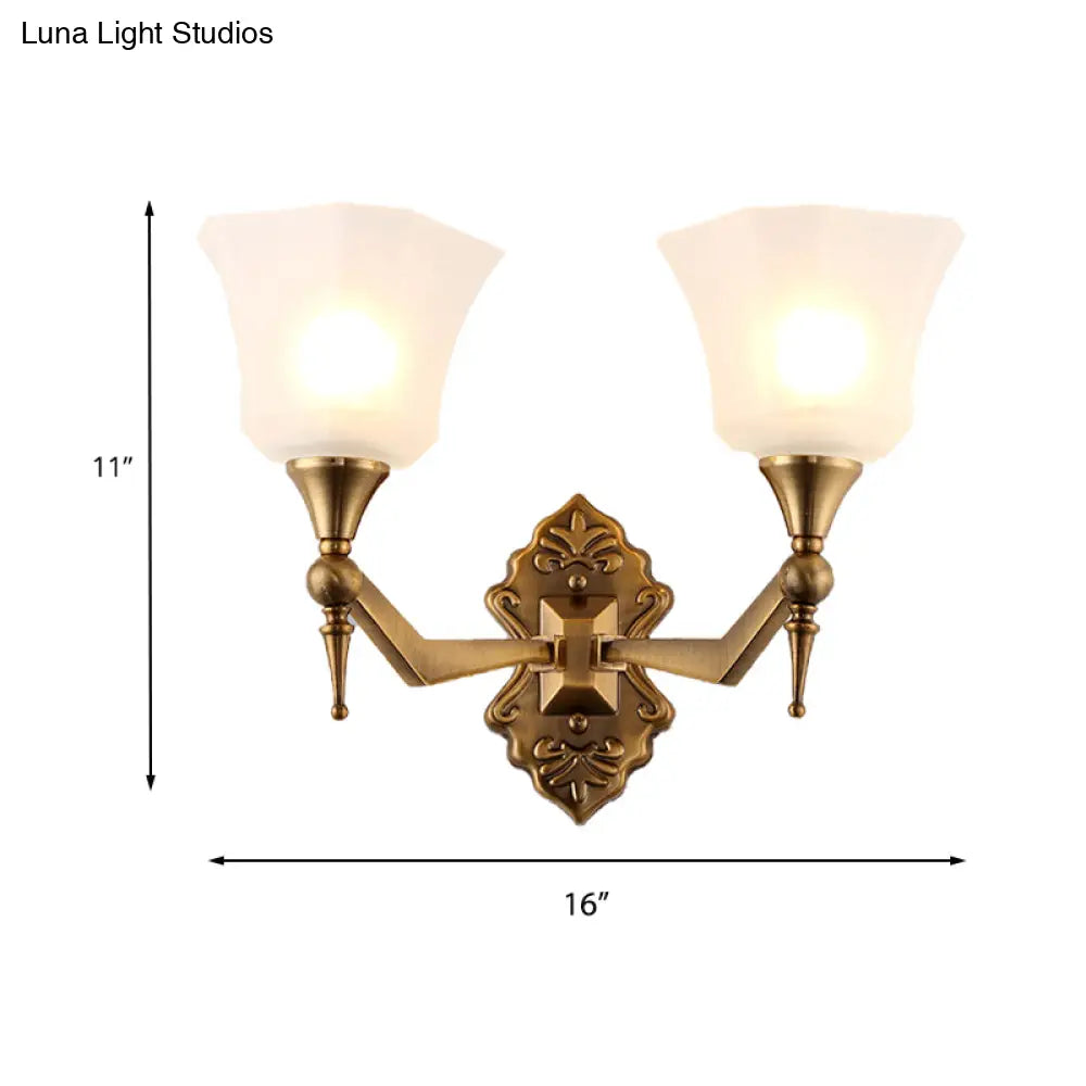 Traditional Flared Wall Sconce Light In Gold With Frosted Glass Shade For Bathroom