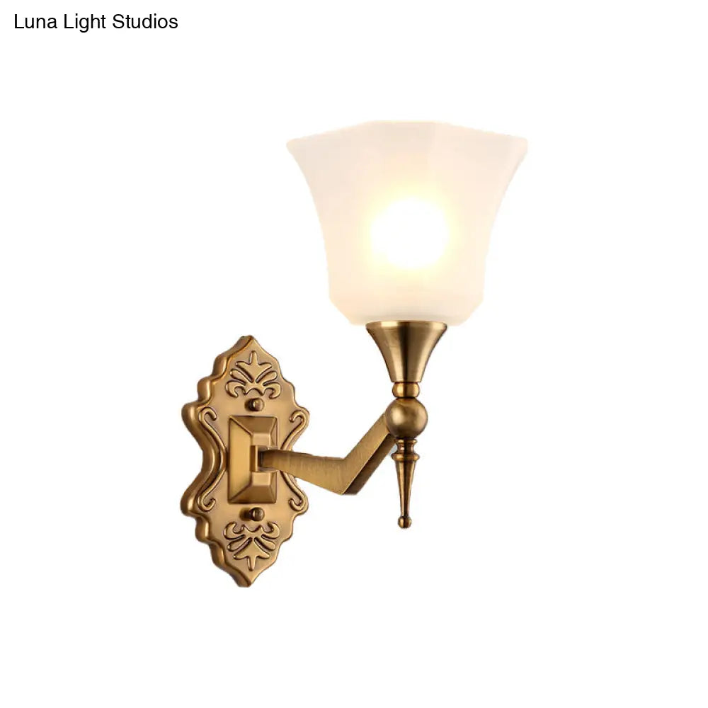 Traditional Flared Wall Sconce Light In Gold With Frosted Glass Shade For Bathroom