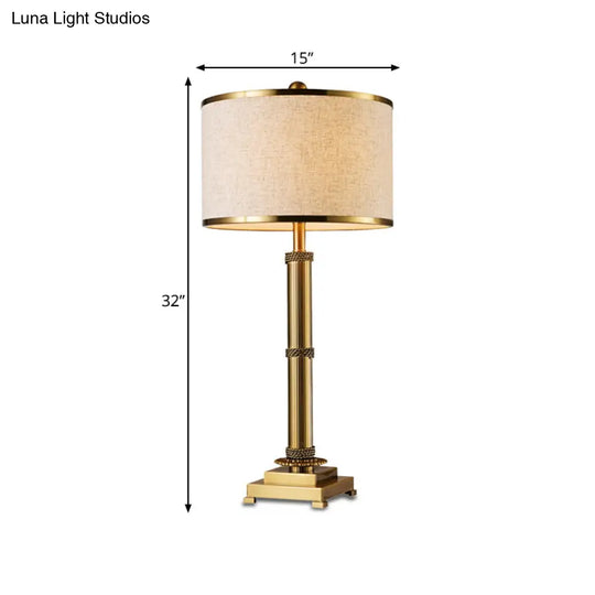 Traditional Flaxen Bedroom Task Light With Drum Fabric Shade - 1-Light Study Lighting