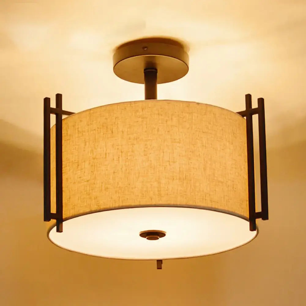 Traditional Flaxen Fabric Drum Ceiling Mount Light For Living Room