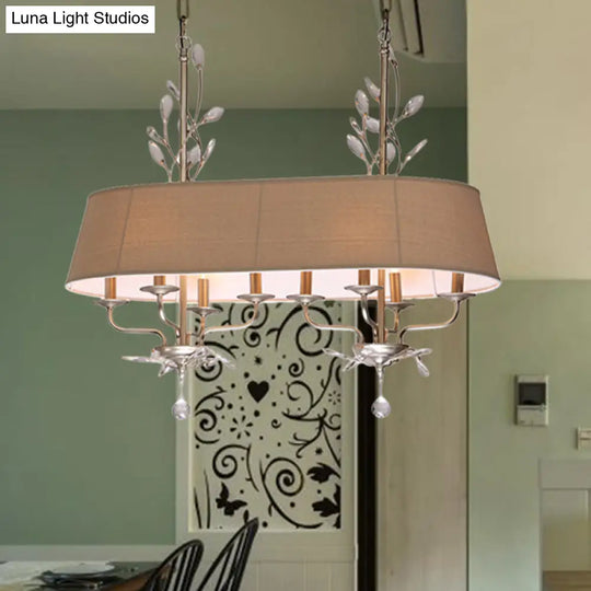 Traditional Flaxen Fabric Pendant Lamp With Crystal Accents - 8-Light Island Hanging Fixture