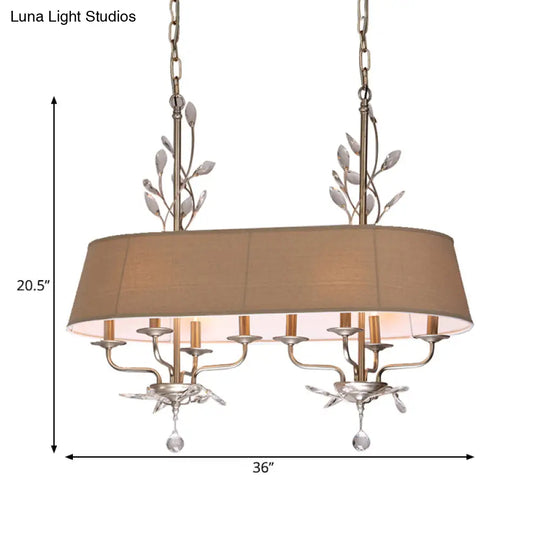 Traditional Flaxen Fabric Pendant Lamp With Crystal Accents - 8-Light Island Hanging Fixture