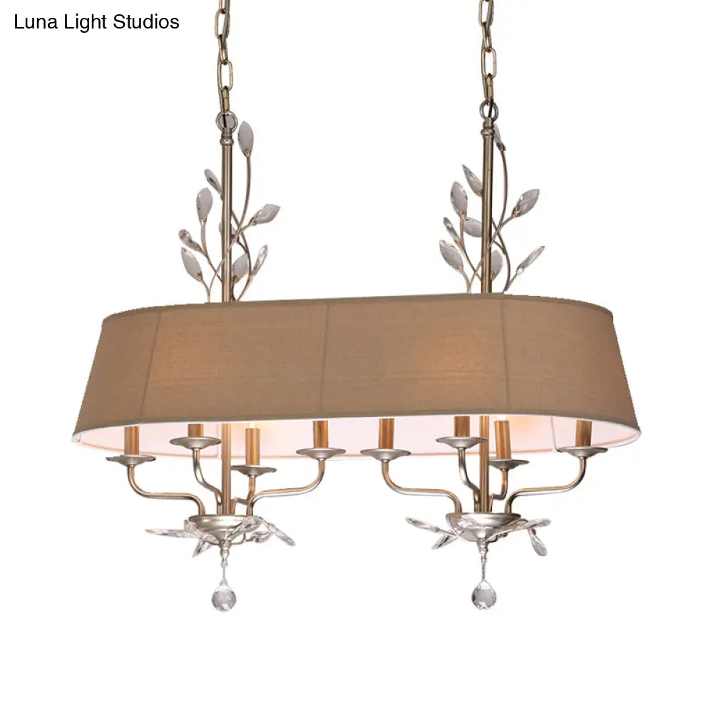 Traditional Flaxen Fabric Pendant Lamp With Crystal Accents - 8-Light Island Hanging Fixture