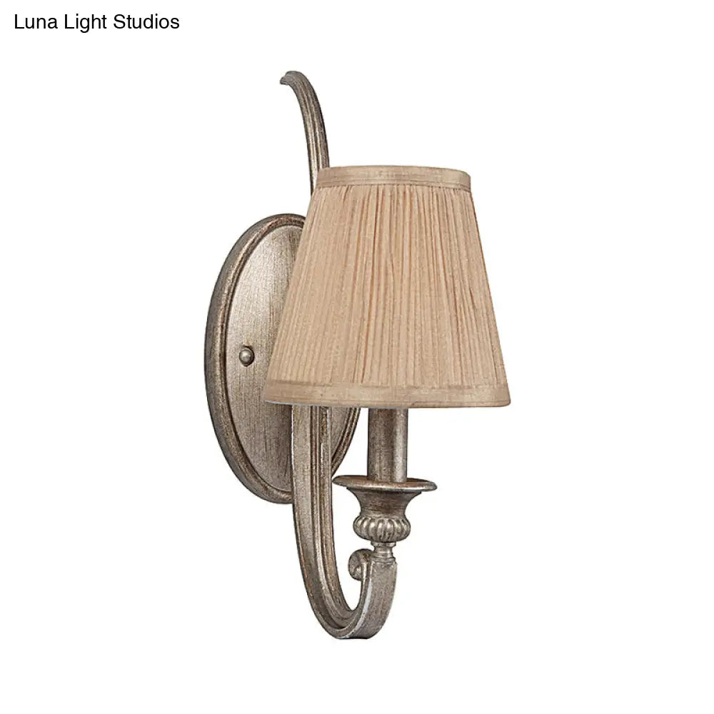 Traditional Flaxen Fabric Sconce: 1-Light Curved Arm Wall Lighting For Bedroom