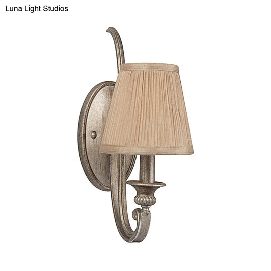 Traditional Flaxen Fabric Sconce: 1-Light Curved Arm Wall Lighting For Bedroom