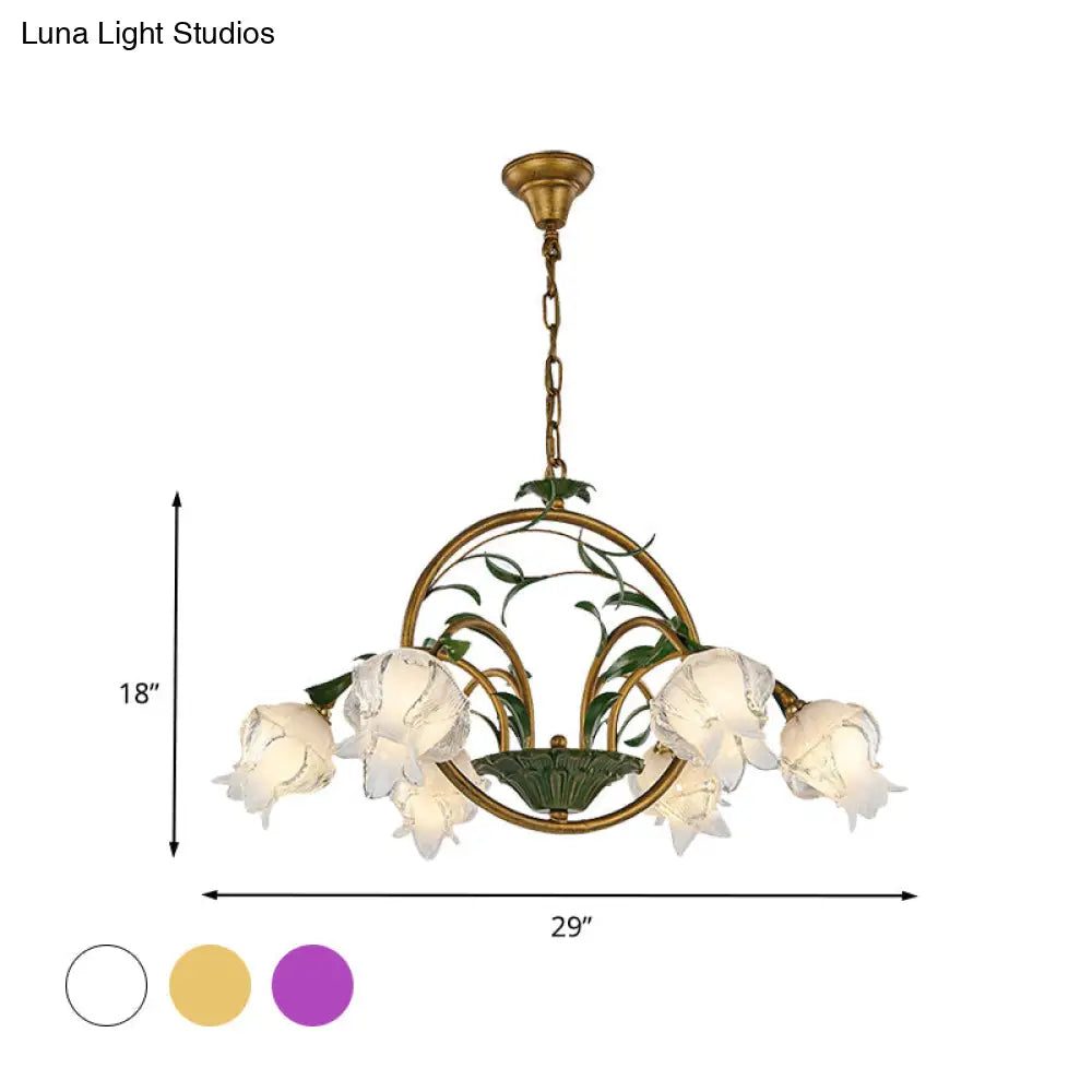 Traditional Floral Ceiling Chandelier - White/Yellow/Purple Glass 6 Hanging Light Heads