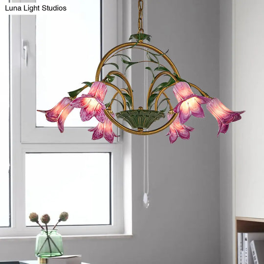 Traditional Floral Ceiling Chandelier - White/Yellow/Purple Glass 6 Hanging Light Heads