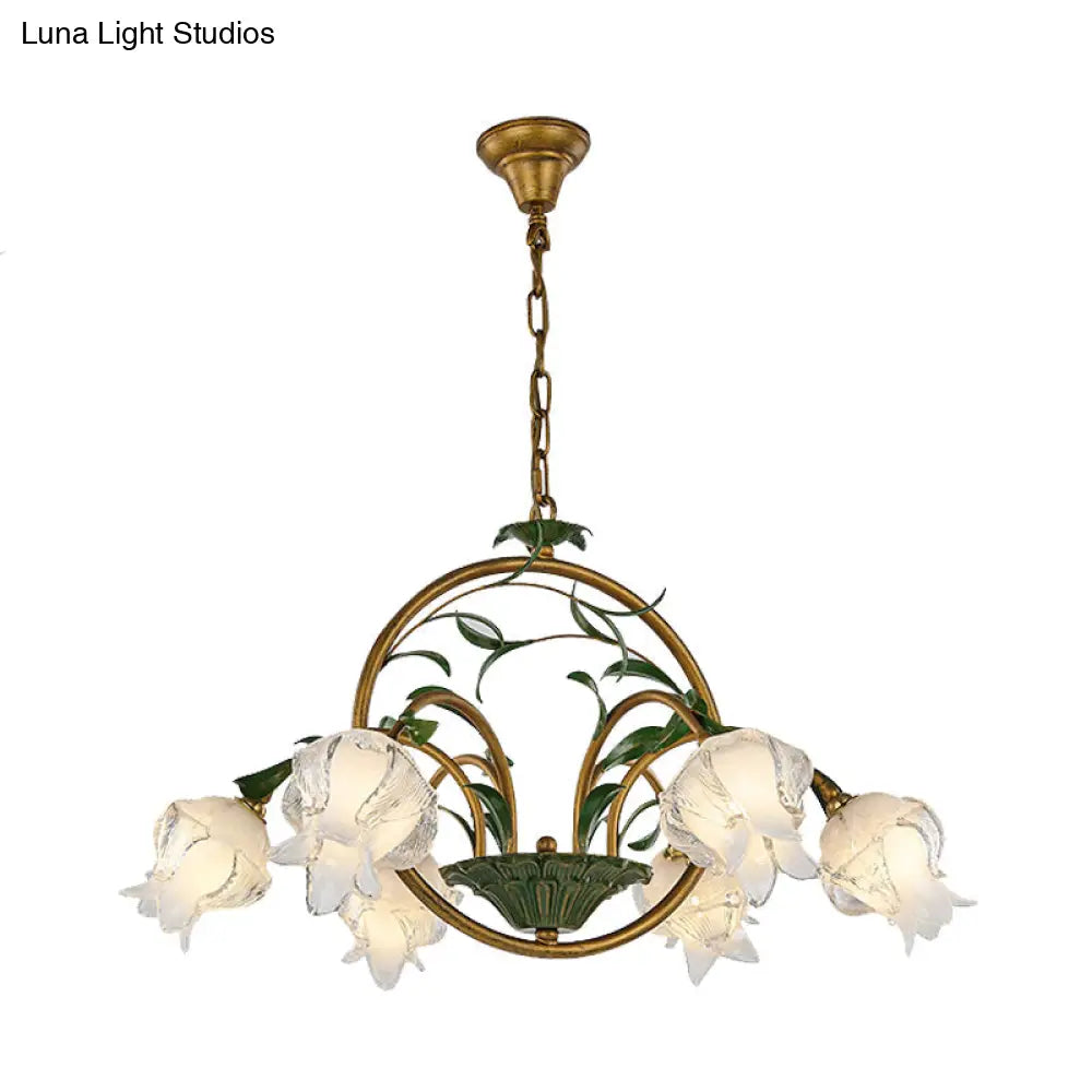 Traditional Floral Ceiling Chandelier - White/Yellow/Purple Glass 6 Hanging Light Heads