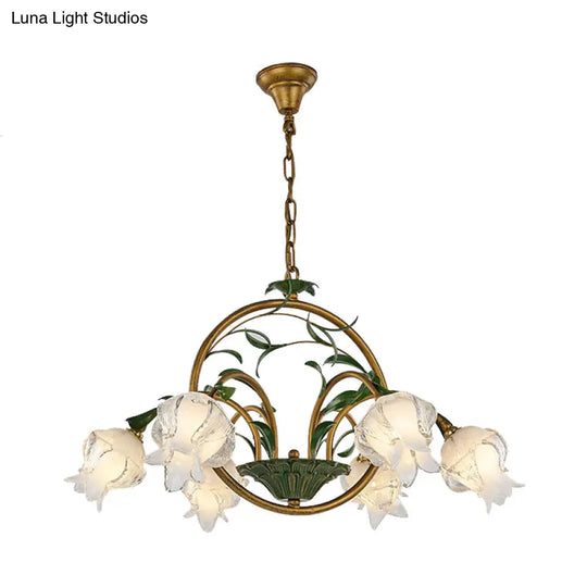 Traditional Floral Ceiling Chandelier - White/Yellow/Purple Glass 6 Hanging Light Heads