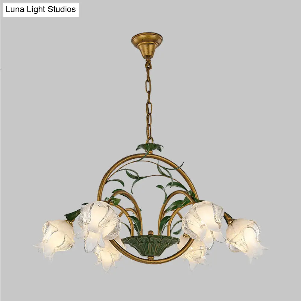 Traditional Floral Ceiling Chandelier - White/Yellow/Purple Glass 6 Hanging Light Heads