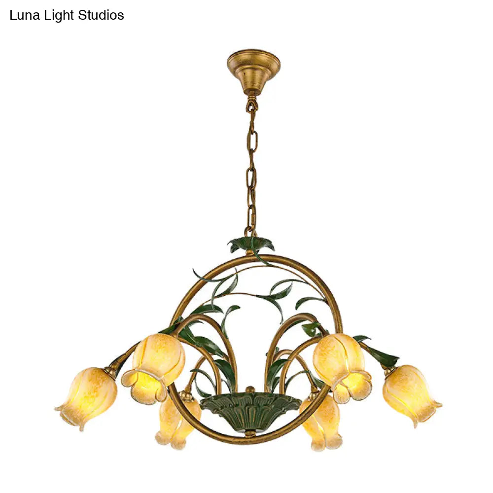 Traditional Floral Ceiling Chandelier - White/Yellow/Purple Glass 6 Hanging Light Heads