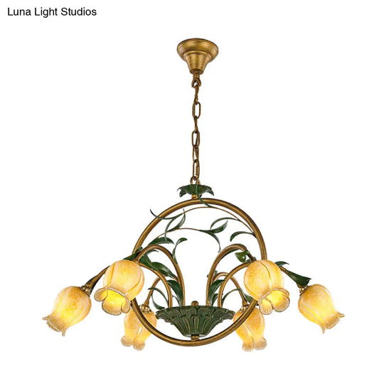 Traditional Floral Ceiling Chandelier - White/Yellow/Purple Glass 6 Hanging Light Heads