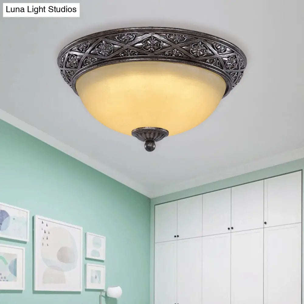 Traditional Floral Close-To-Ceiling Light With Carved Dome And Frosted Glass Bulbs - Black Flush