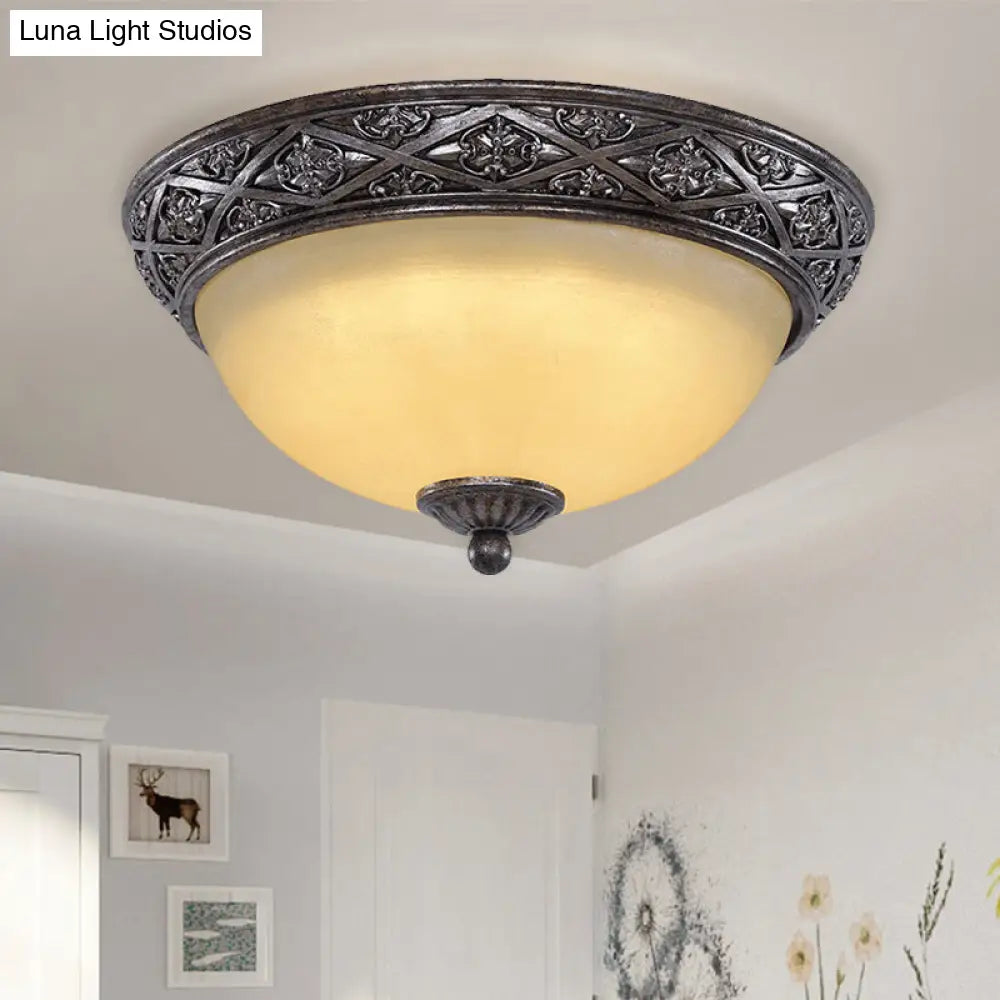 Traditional Floral Close - To - Ceiling Light With Carved Dome And Frosted Glass Bulbs - Black