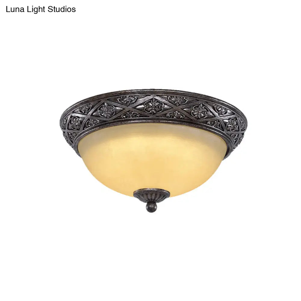 Traditional Floral Close-To-Ceiling Light With Carved Dome And Frosted Glass Bulbs - Black Flush