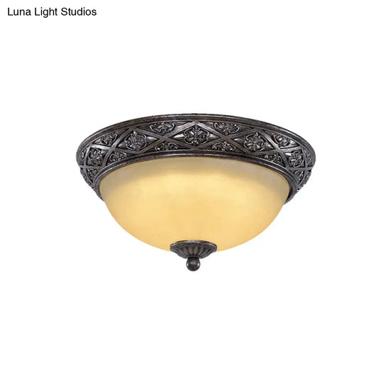 Traditional Floral Close-To-Ceiling Light With Carved Dome And Frosted Glass Bulbs - Black Flush