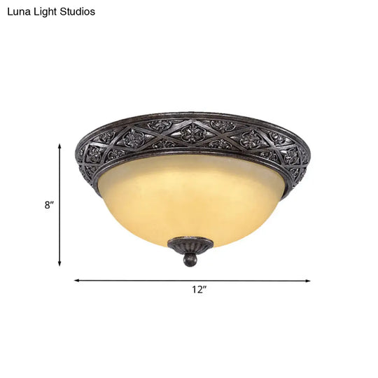 Traditional Floral Close-To-Ceiling Light With Carved Dome And Frosted Glass Bulbs - Black Flush