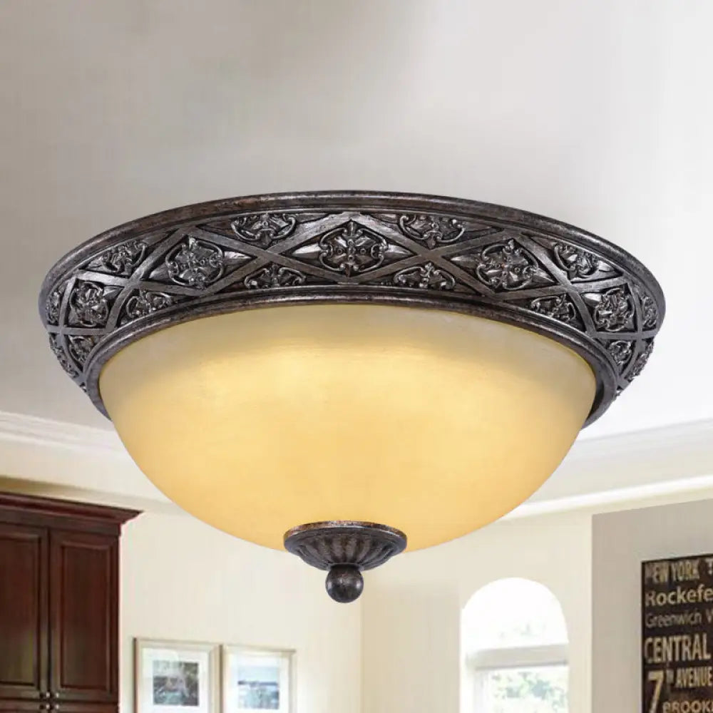 Traditional Floral Close - To - Ceiling Light With Carved Dome And Frosted Glass Bulbs - Black