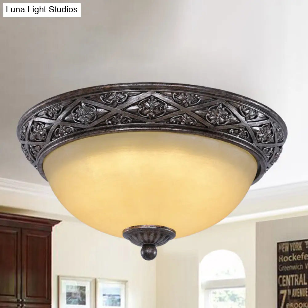 Traditional Floral Close-To-Ceiling Light With Carved Dome And Frosted Glass Bulbs - Black Flush