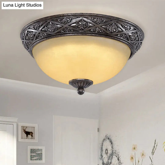 Traditional Floral Close-To-Ceiling Light With Carved Dome And Frosted Glass Bulbs - Black Flush