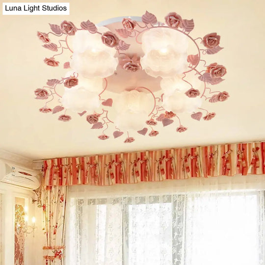 Traditional Floral Glass Ceiling Fixture With Flush Mount For Living Room 3/5 Bulbs In Pink/Green 5