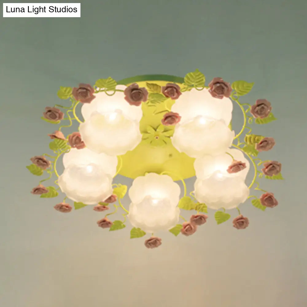 Traditional Floral Glass Ceiling Fixture With Flush Mount For Living Room 3/5 Bulbs In Pink/Green