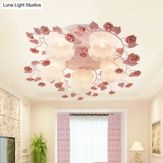 Traditional Floral Glass Ceiling Fixture With Flush Mount For Living Room 3/5 Bulbs In Pink/Green