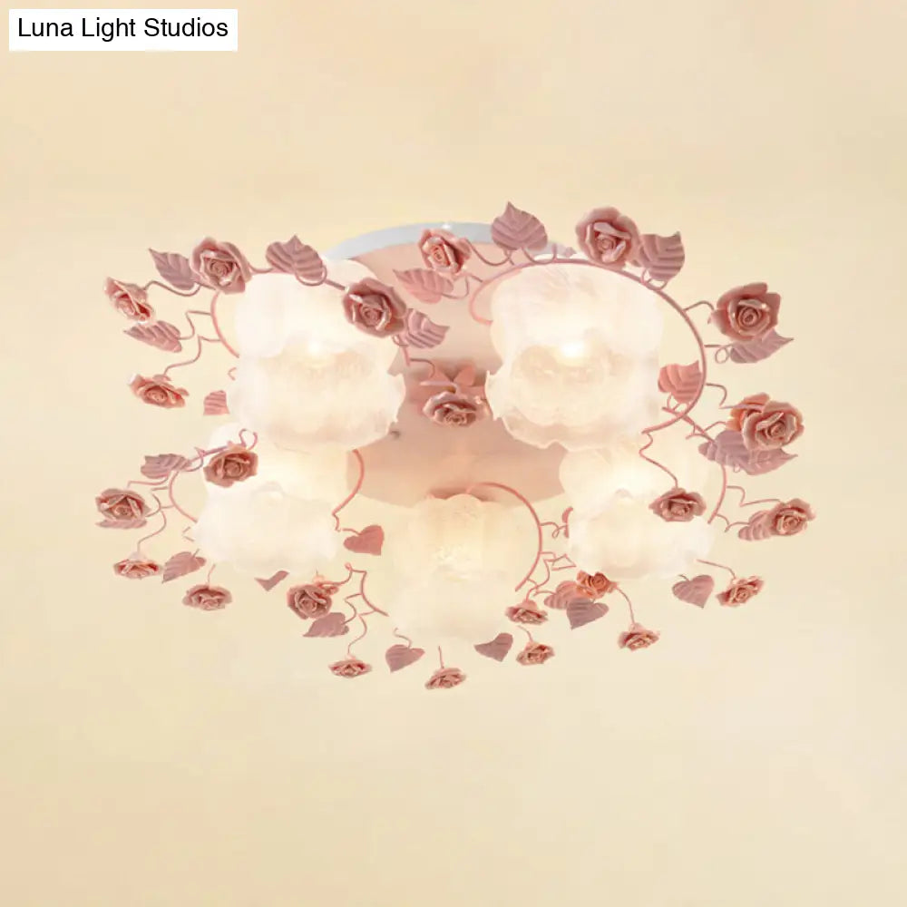 Traditional Floral Glass Ceiling Fixture With Flush Mount For Living Room 3/5 Bulbs In Pink/Green