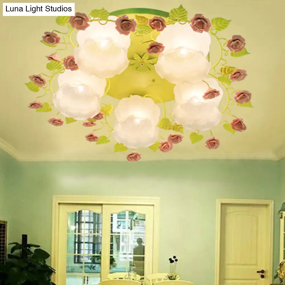 Traditional Floral Glass Ceiling Fixture With Flush Mount For Living Room 3/5 Bulbs In Pink/Green