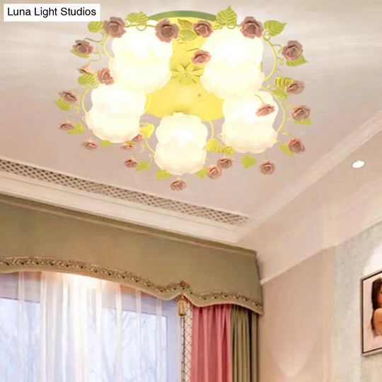 Traditional Floral Glass Ceiling Fixture With Flush Mount For Living Room 3/5 Bulbs In Pink/Green 5