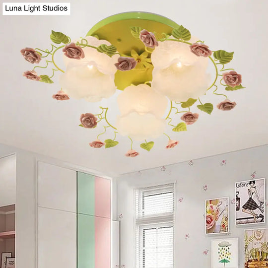 Traditional Floral Glass Ceiling Fixture With Flush Mount For Living Room 3/5 Bulbs In Pink/Green 3