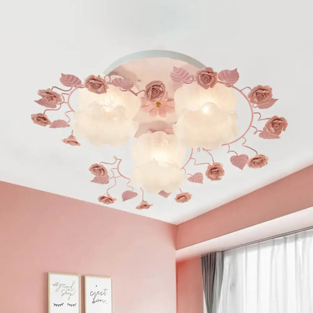 Traditional Floral Glass Ceiling Fixture With Flush Mount For Living Room 3/5 Bulbs In Pink/Green 3