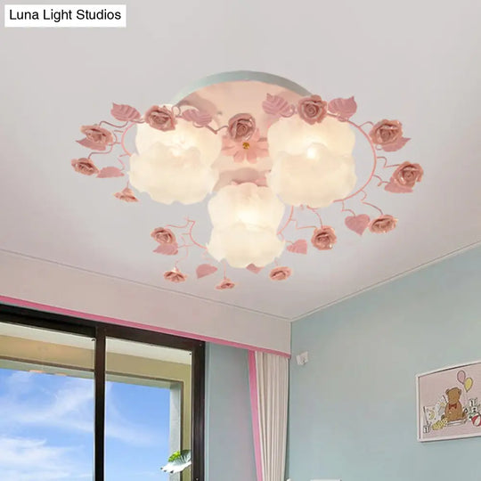 Traditional Floral Glass Ceiling Fixture With Flush Mount For Living Room 3/5 Bulbs In Pink/Green