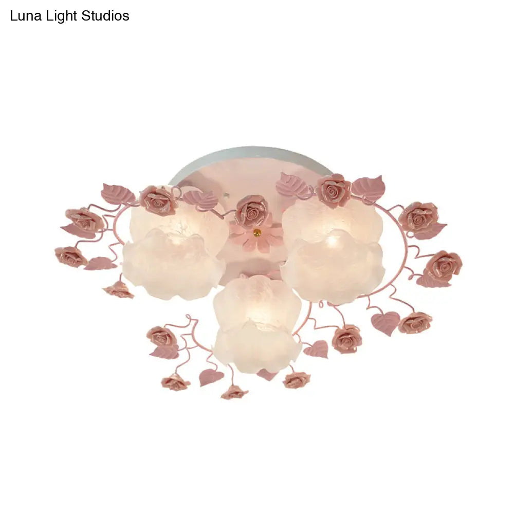 Traditional Floral Glass Ceiling Fixture With Flush Mount For Living Room 3/5 Bulbs In Pink/Green