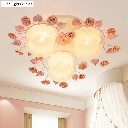 Traditional Floral Glass Ceiling Fixture With Flush Mount For Living Room 3/5 Bulbs In Pink/Green