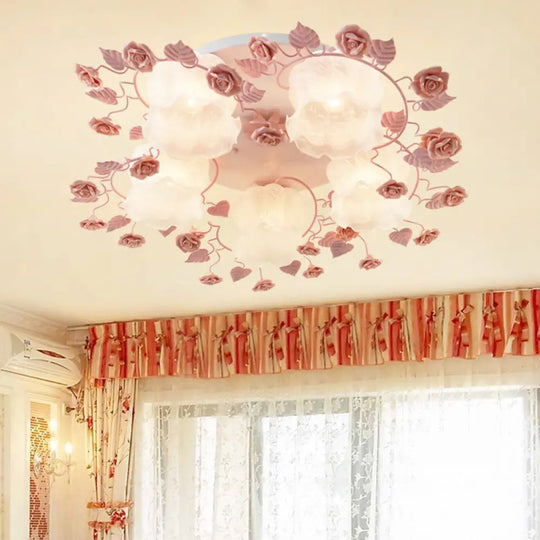 Traditional Floral Glass Ceiling Fixture With Flush Mount For Living Room 3/5 Bulbs In Pink/Green 5