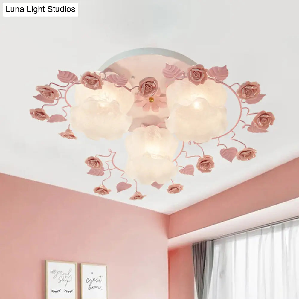 Traditional Floral Glass Ceiling Fixture With Flush Mount For Living Room 3/5 Bulbs In Pink/Green 3