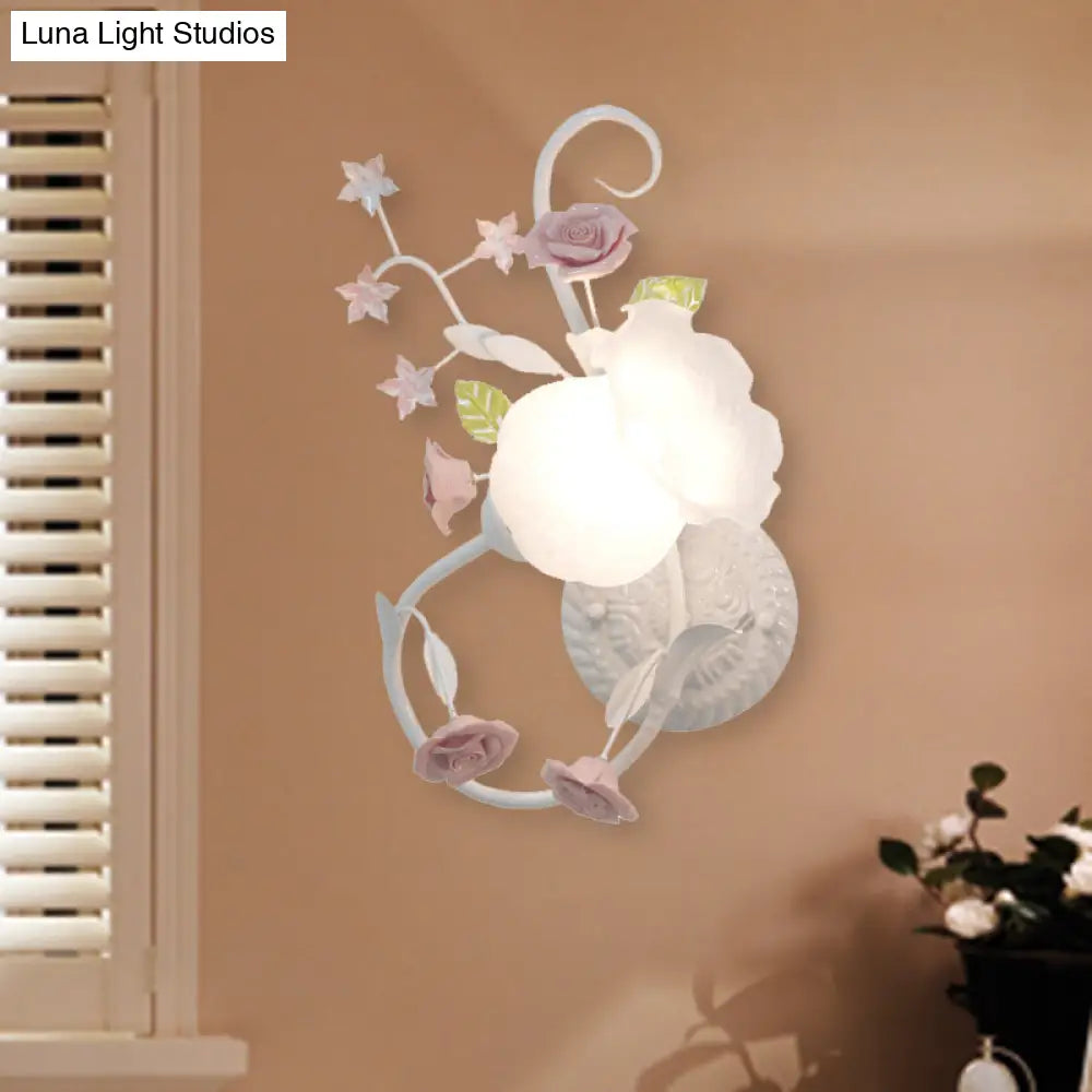 Traditional Floral Wall Mount Lamp - White Glass Sconce For Bedroom