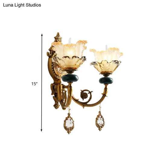 Traditional Floral Wall Mount Lamp With Crystal Accents - Gold Metal Sconce Lighting (1/2 Heads)