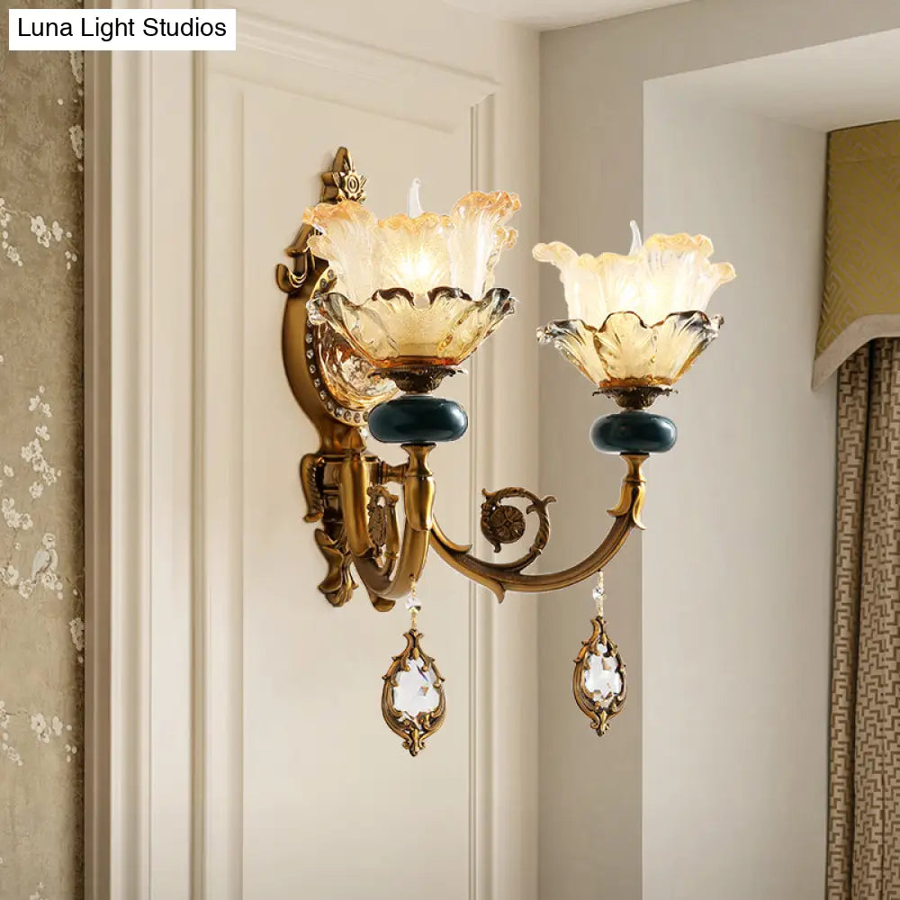 Traditional Floral Wall Mount Lamp With Crystal Accents - Gold Metal Sconce Lighting (1/2 Heads)