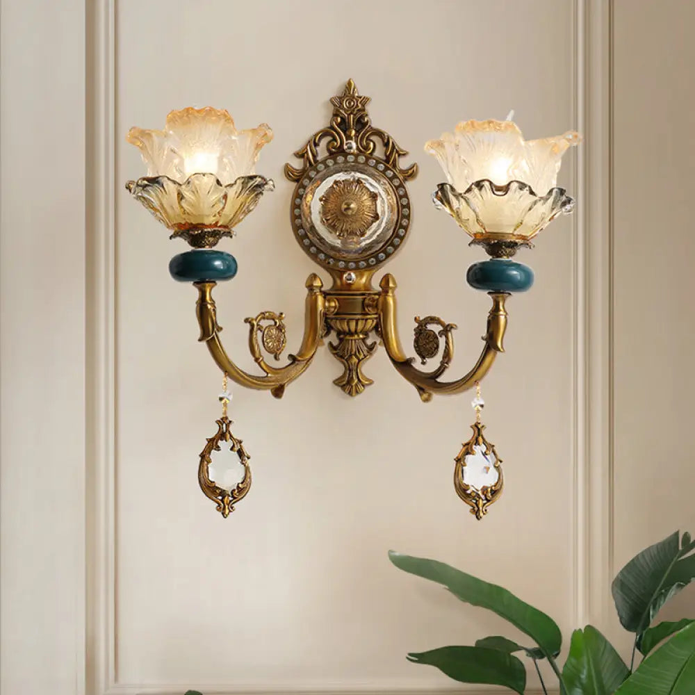 Traditional Floral Wall Mount Lamp With Crystal Accents - Gold Metal Sconce Lighting (1/2 Heads) 2 /