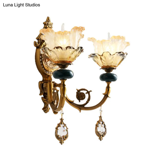 Traditional Floral Wall Mount Lamp With Crystal Accents - Gold Metal Sconce Lighting (1/2 Heads)