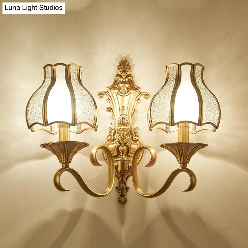 Traditional Floral Wall Mount Light Fixture With Gold Ripple Glass