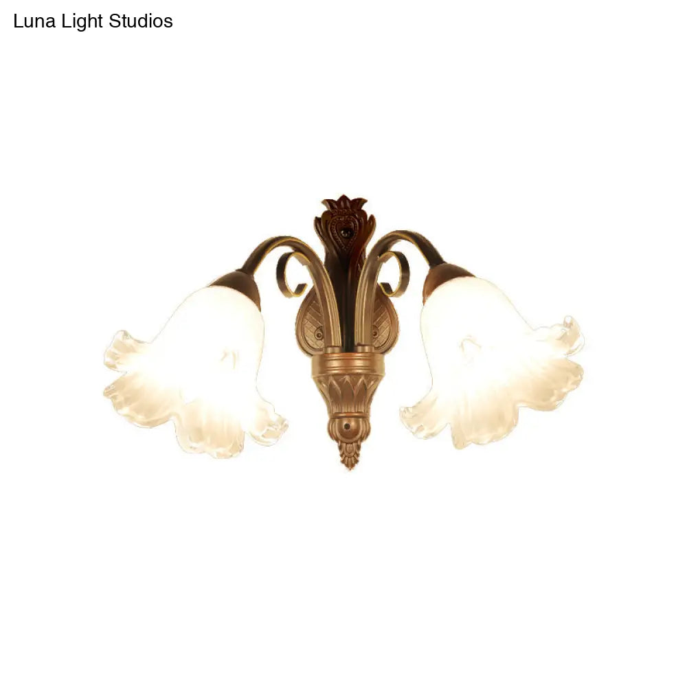 Traditional Floral Wall Sconce Light With White Glass Fixture In Black - Ideal For Bedroom